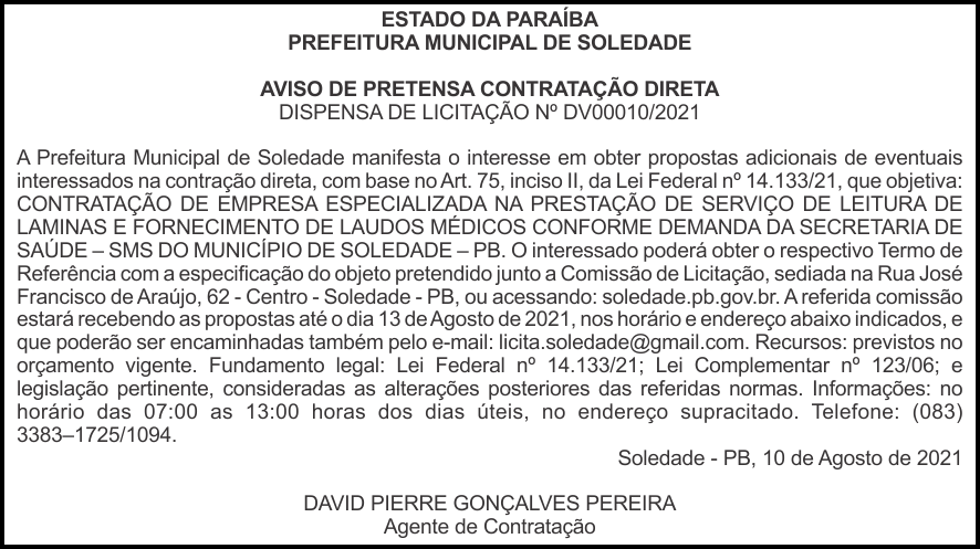 PREFEITURA MUNICIPAL DE SOLEDADE – DISPENSA DE LICITAÇÃO Nº DV00010/2021