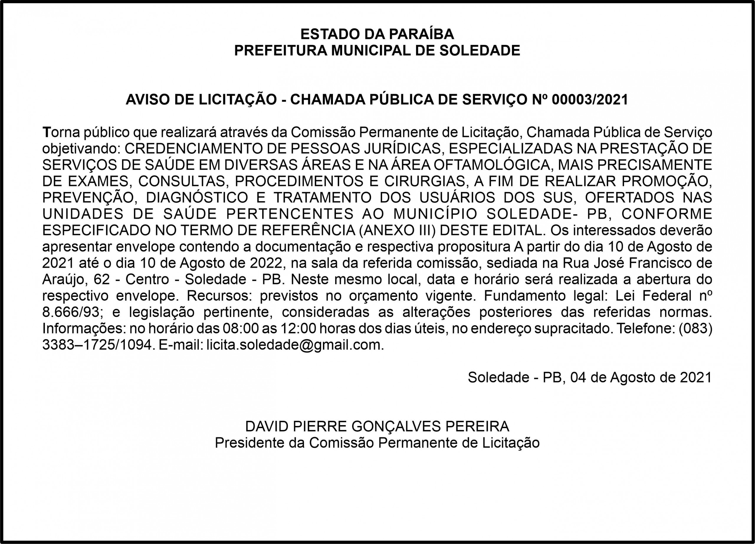 PREFEITURA MUNICIPAL DE SOLEDADE – AVISO DE LICITAÇÃO – CHAMADA PÚBLICA DE SERVIÇO Nº 00003/2021