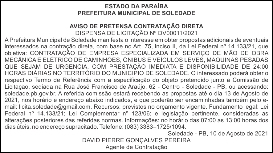 PREFEITURA MUNICIPAL DE SOLEDADE – DISPENSA DE LICITAÇÃO Nº DV00011/2021