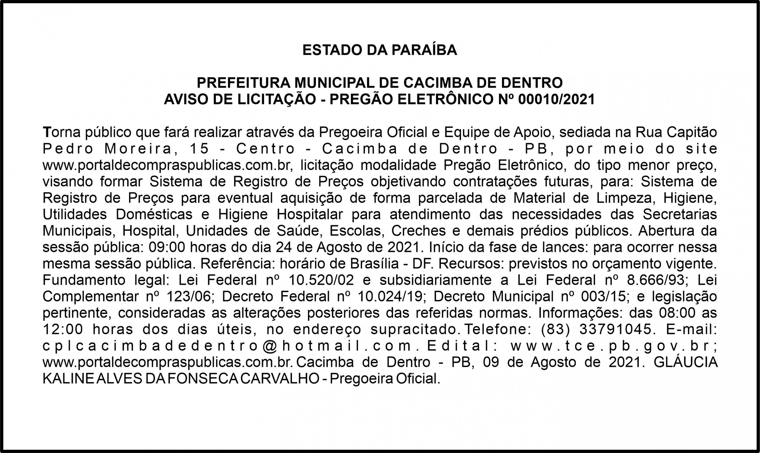 PREFEITURA MUNICIPAL DE CACIMBA DE DENTRO  – AVISO DE LICITAÇÃO – PREGÃO ELETRÔNICO Nº 00010/2021