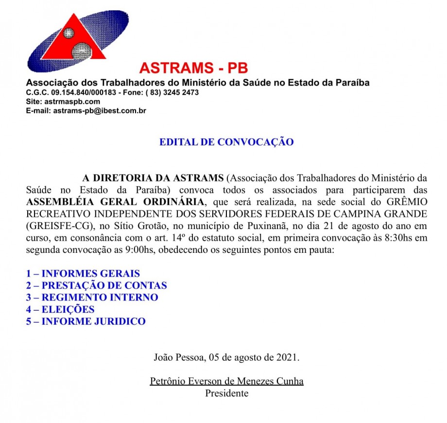 ASTRAMS – PB – Edital de Convocação