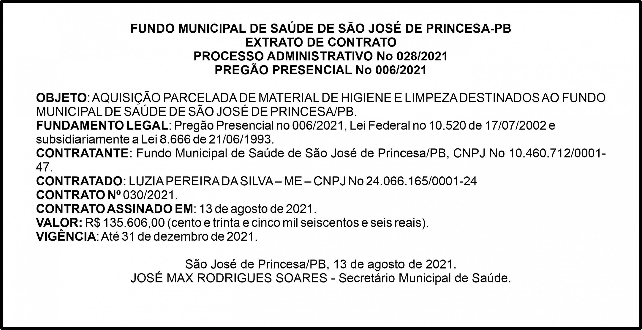 FUNDO MUNICIPAL DE SAÚDE DE SÃO JOSÉ DE PRINCESA-PB – EXTRATO DE CONTRATO