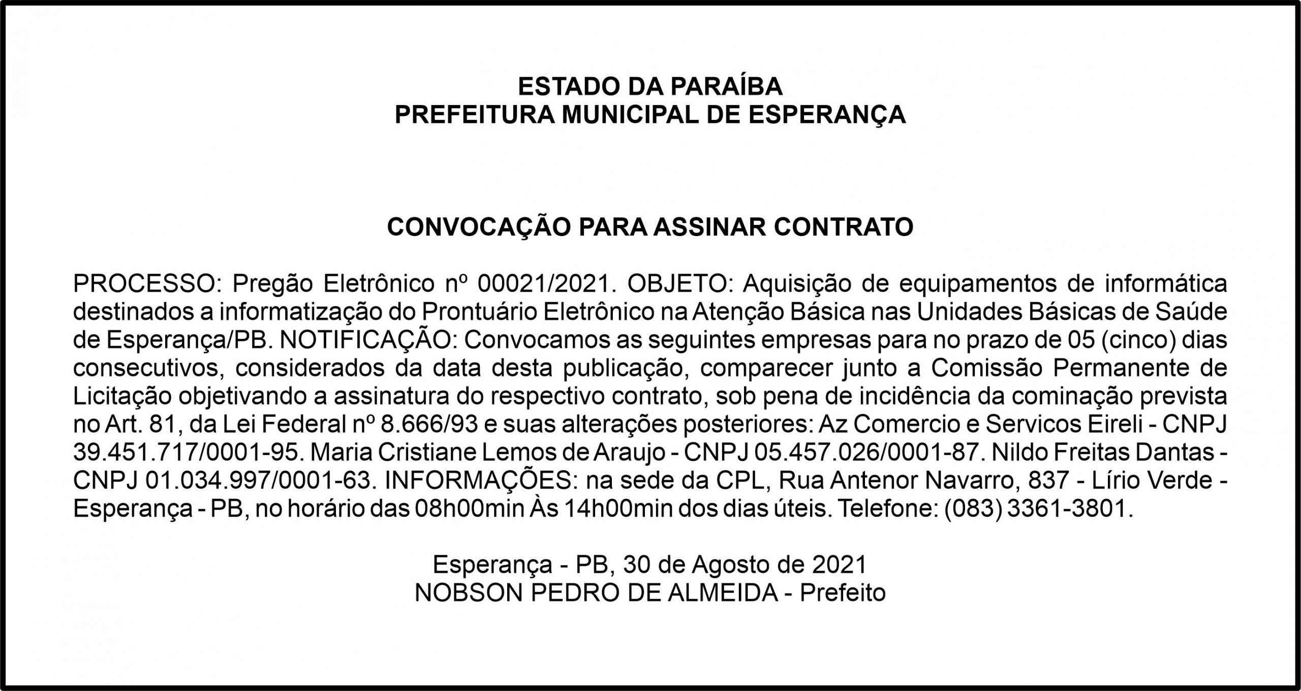 PREFEITURA MUNICIPAL DE ESPERANÇA – CONVOCAÇÃO PARA ASSINAR CONTRATO