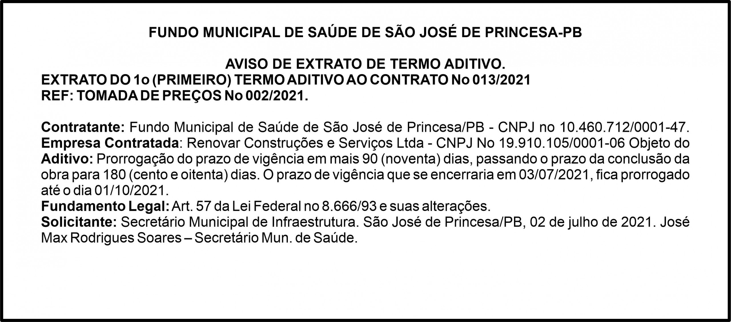FUNDO MUNICIPAL DE SAÚDE DE SÃO JOSÉ DE PRINCESA-PB – AVISO DE EXTRATO DE TERMO ADITIVO