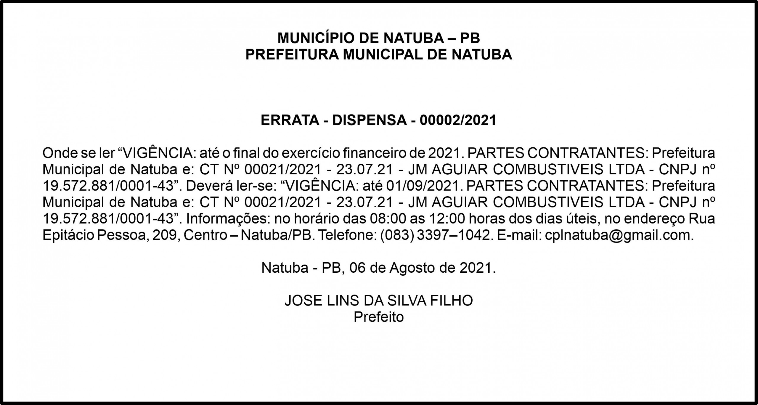 PREFEITURA MUNICIPAL DE NATUBA – ERRATA – DISPENSA – 00002/2021