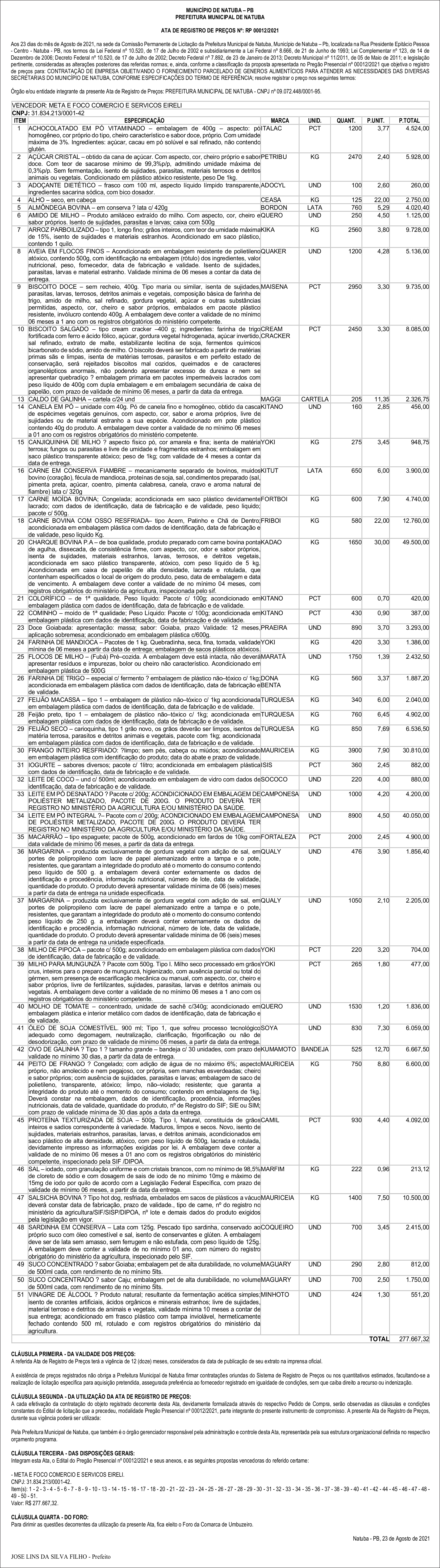 PREFEITURA MUNICIPAL DE NATUBA – ATA DE REGISTRO DE PREÇOS Nº: RP 00012/2021