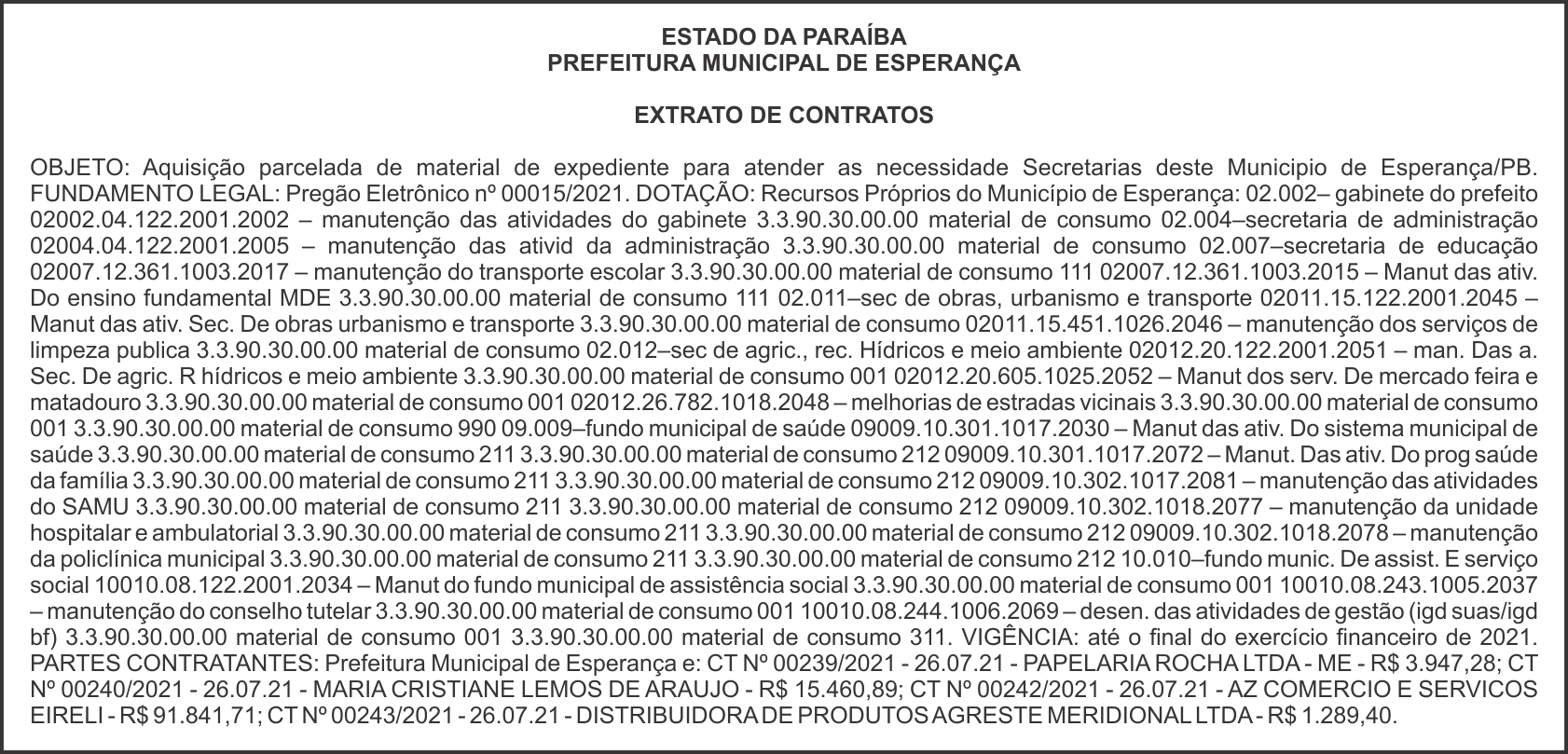 PREFEITURA MUNICIPAL DE ESPERANÇA – EXTRATO DE CONTRATOS