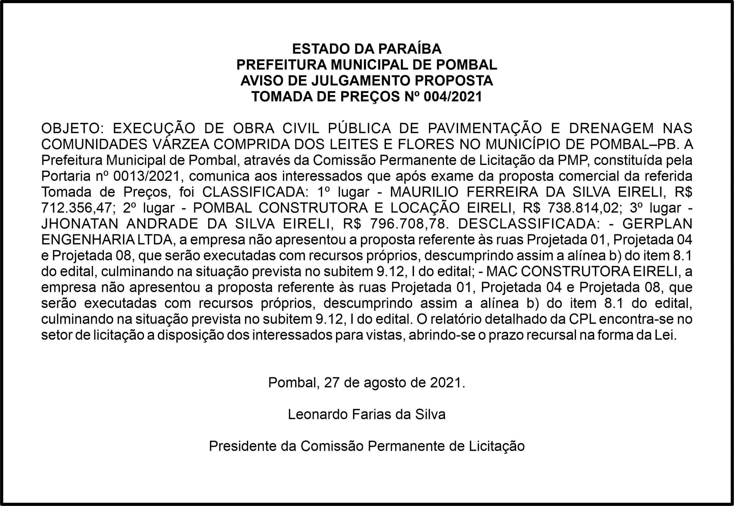 PREFEITURA MUNICIPAL DE POMBAL – AVISO DE JULGAMENTO PROPOSTA – TOMADA DE PREÇOS Nº 004/2021