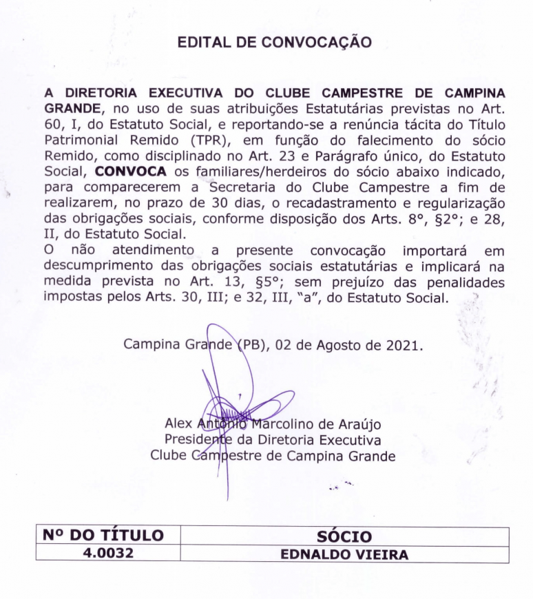 CLUBE CAMPESTRE DE CAMPINA GRANDE/PB – EDITAL DE CONVOCAÇÃO