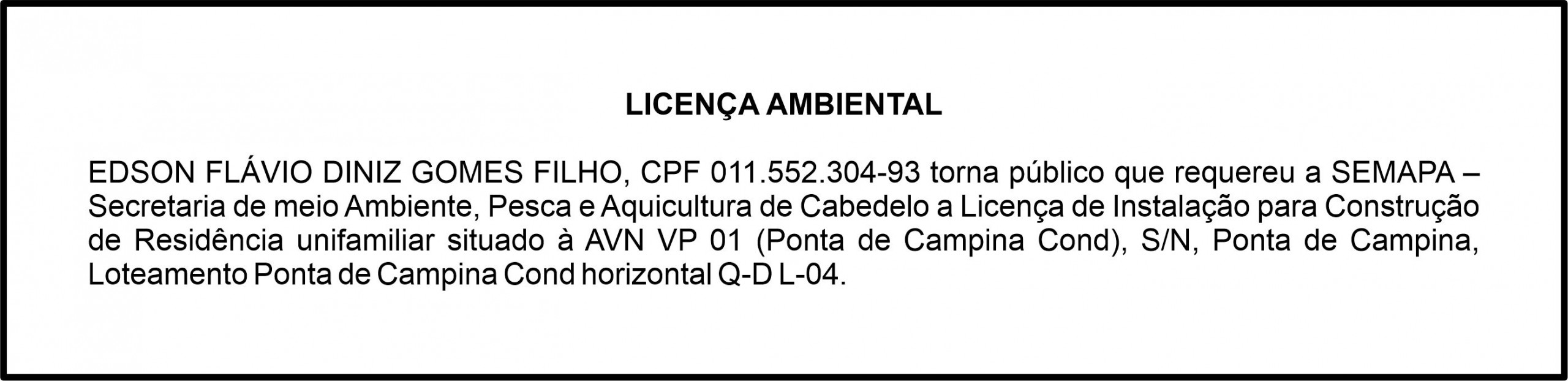 EDSON FLÁVIO DINIZ GOMES FILHO – LICENÇA AMBIENTAL