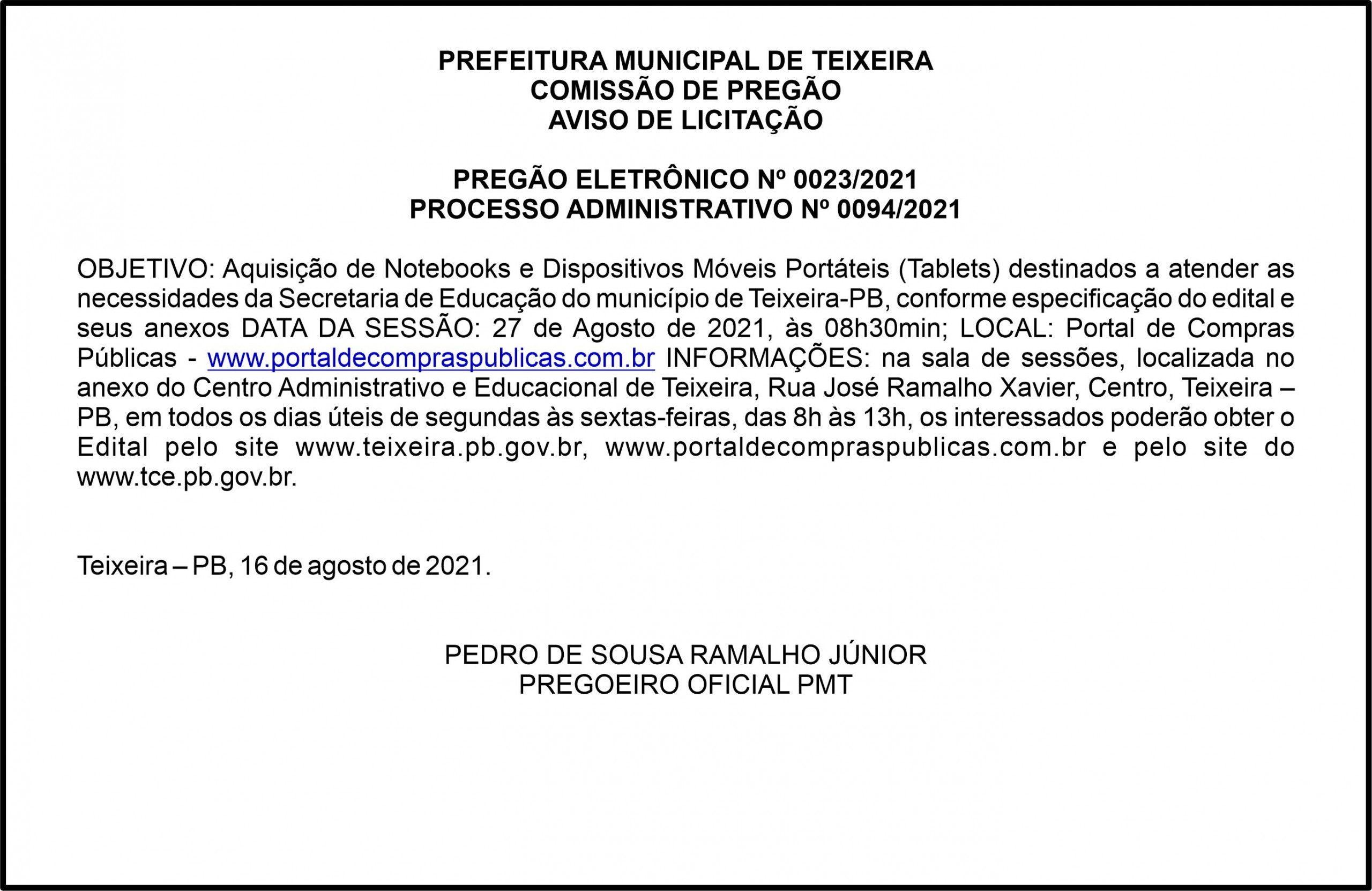 PREFEITURA MUNICIPAL DE TEIXEIRA – AVISO DE LICITAÇÃO