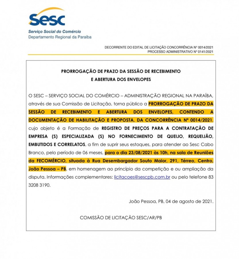 SESC – PRORROGAÇÃO DE PRAZO DA SESSÃO DE RECEBIMENTO E ABERTURA DOS ENVELOPES