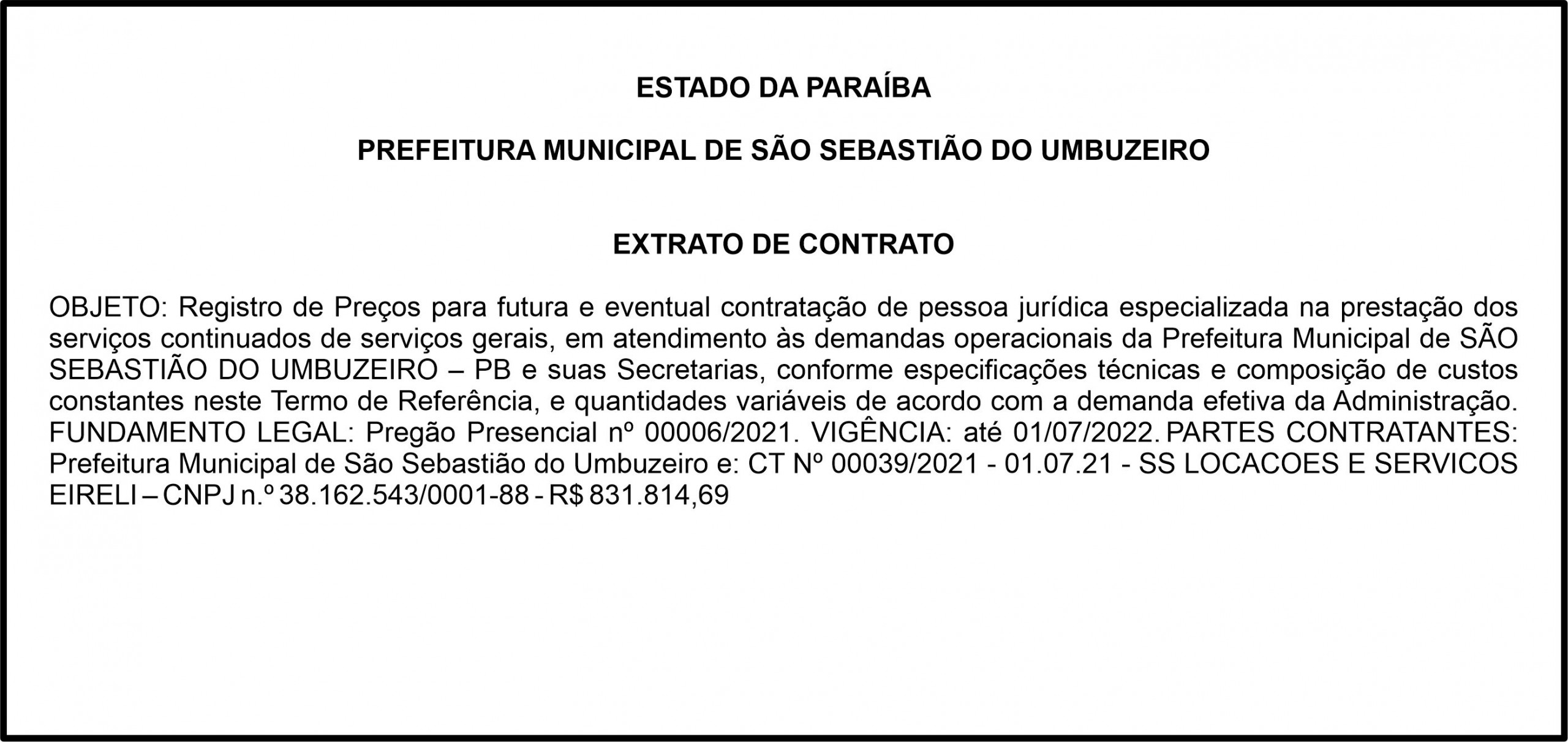 PREFEITURA MUNICIPAL DE SÃO SEBASTIÃO DO UMBUZEIRO – EXTRATO DE CONTRATO