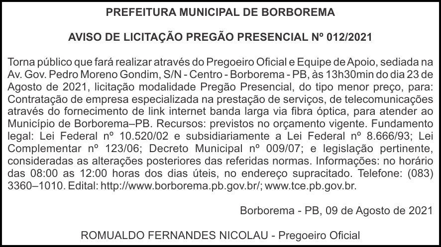 PREFEITURA MUNICIPAL DE BORBOREMA – AVISO DE LICITAÇÃO – PREGÃO PRESENCIAL Nº 012/2021