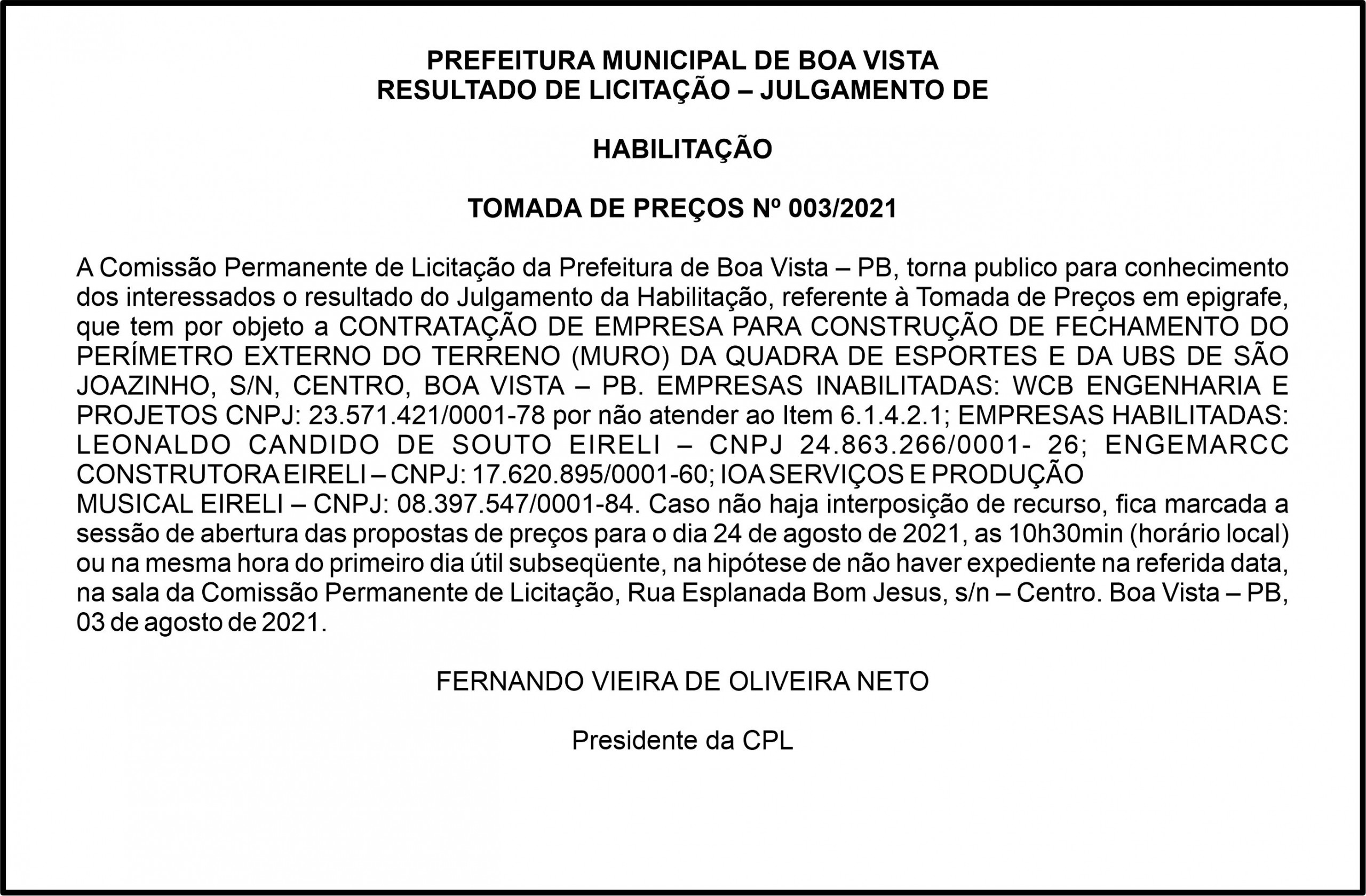 PREFEITURA MUNICIPAL DE BOA VISTA – JULGAMENTO DE  HABILITAÇÃO – TOMADA DE PREÇOS Nº 003/2021