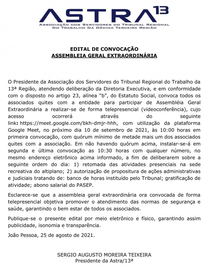 ASTRA 13 – EDITAL DE CONVOCAÇÃO – ASSEMBLEIA GERAL EXTRAORDINÁRIA