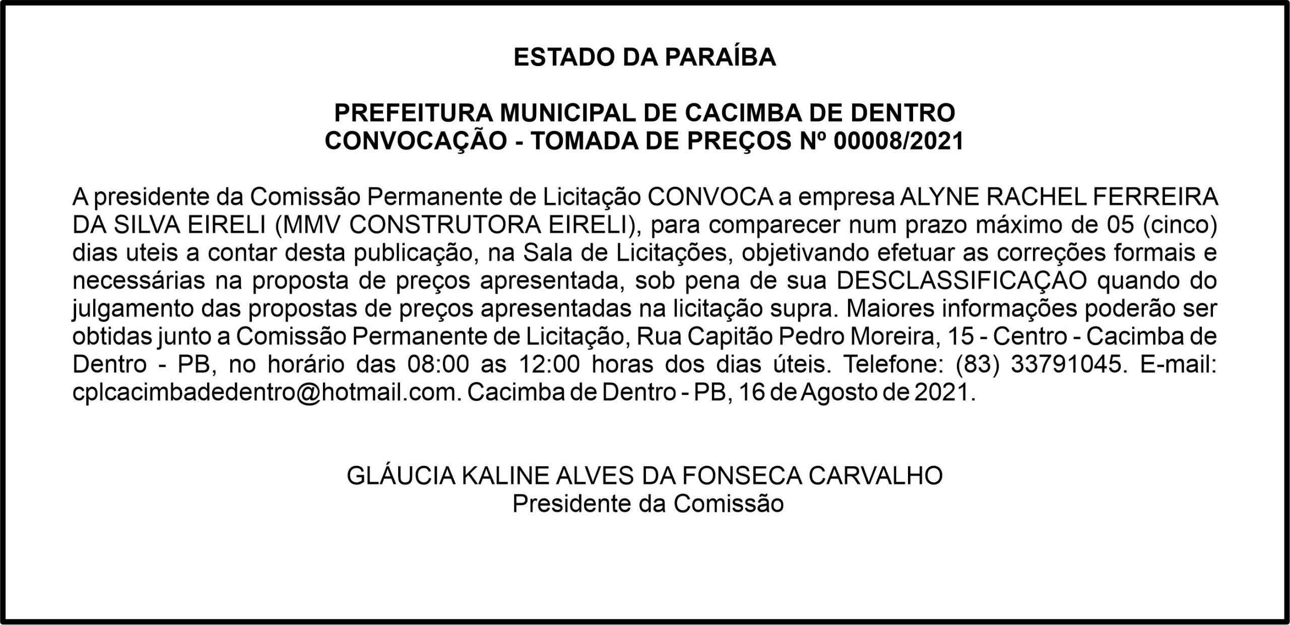PREFEITURA MUNICIPAL DE CACIMBA DE DENTRO – CONVOCAÇÃO – TOMADA DE PREÇOS Nº 00008/2021