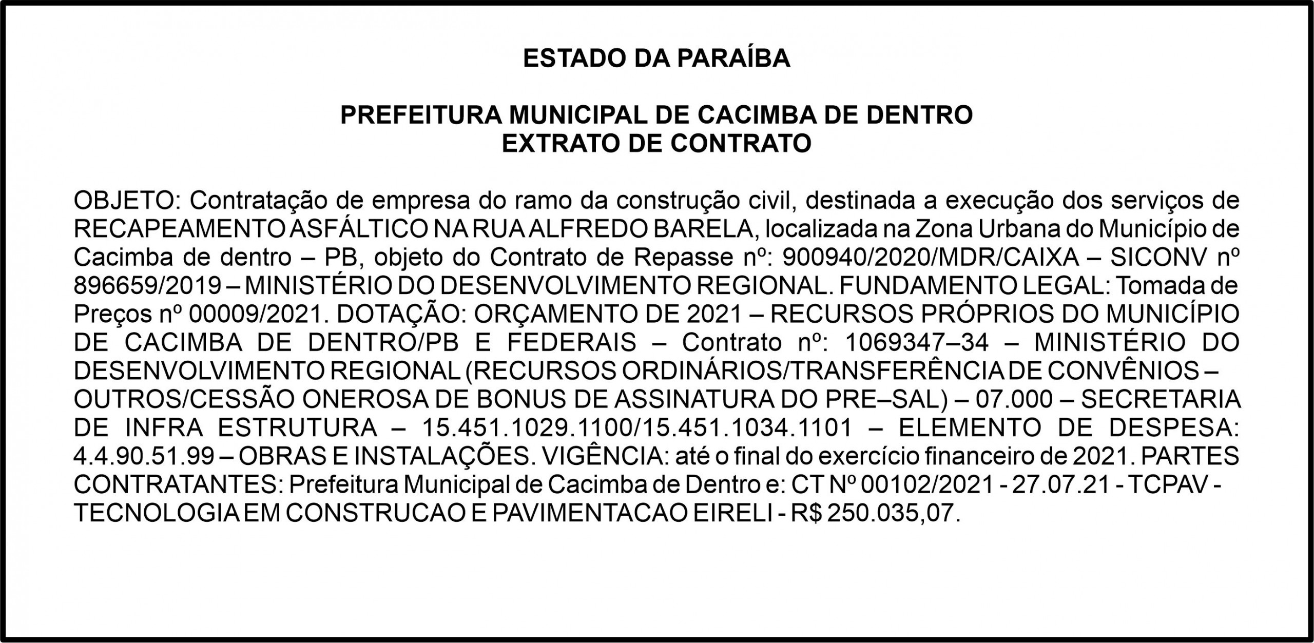 PREFEITURA MUNICIPAL DE CACIMBA DE DENTRO – EXTRATO DE CONTRATO