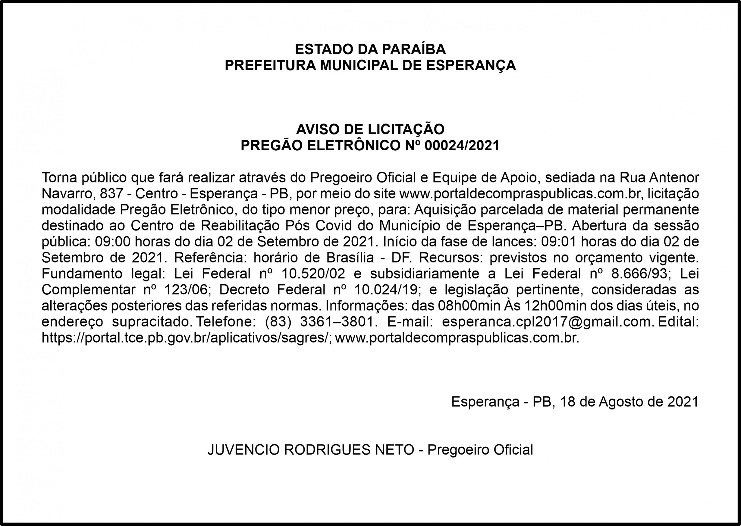 PREFEITURA MUNICIPAL DE ESPERANÇA  – AVISO DE LICITAÇÃO – PREGÃO ELETRÔNICO Nº 00024/2021