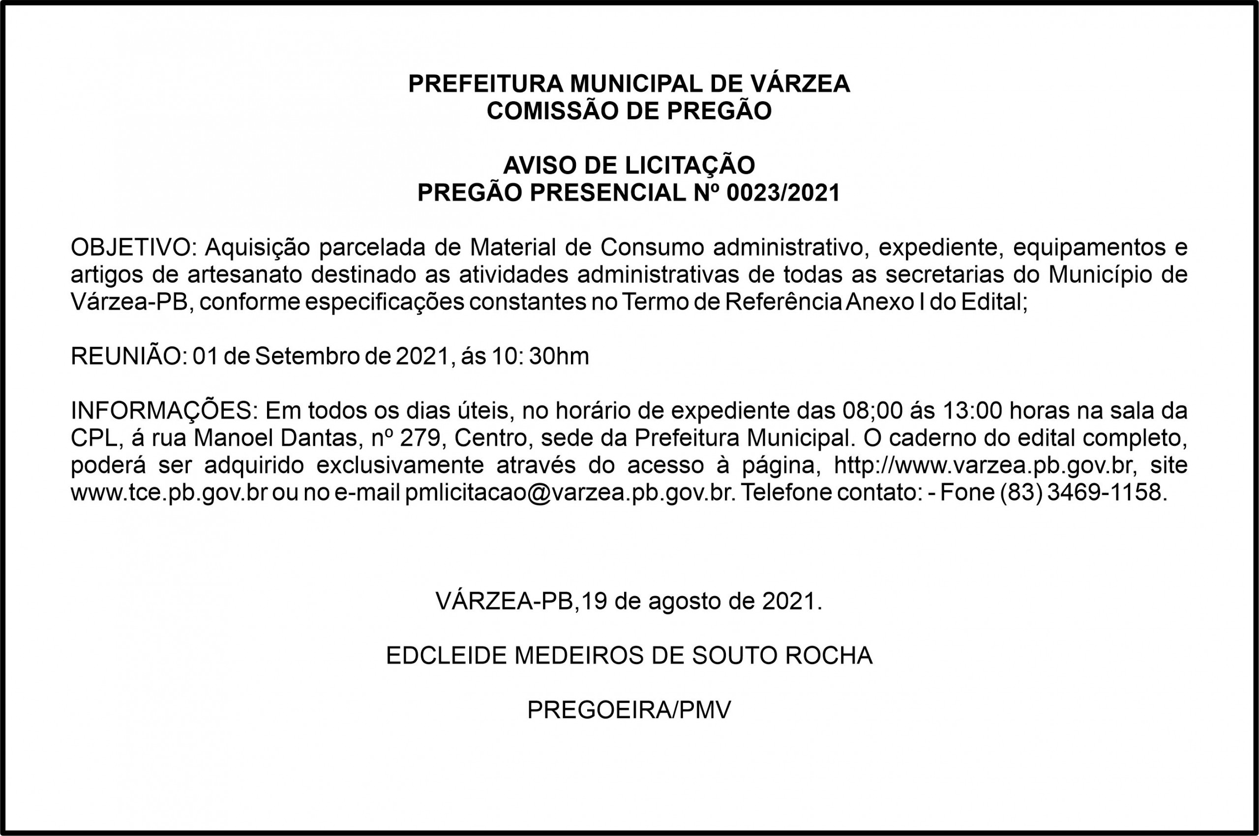 PREFEITURA MUNICIPAL DE VÁRZEA – AVISO DE LICITAÇÃO – PREGÃO PRESENCIAL Nº 0023/2021