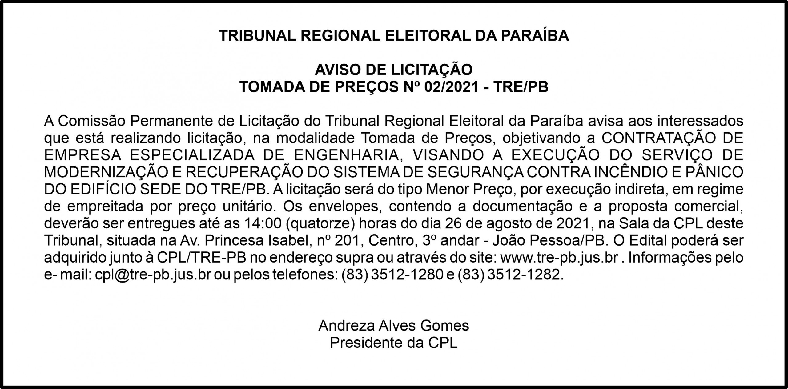TRE/PB – AVISO DE LICITAÇÃO TOMADA DE PREÇOS Nº 02/2021