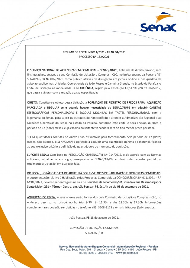 SENAC – RESUMO DE EDITAL Nº 011/2021 – RP Nº 04/2021 PROCESSO Nº 152/2021
