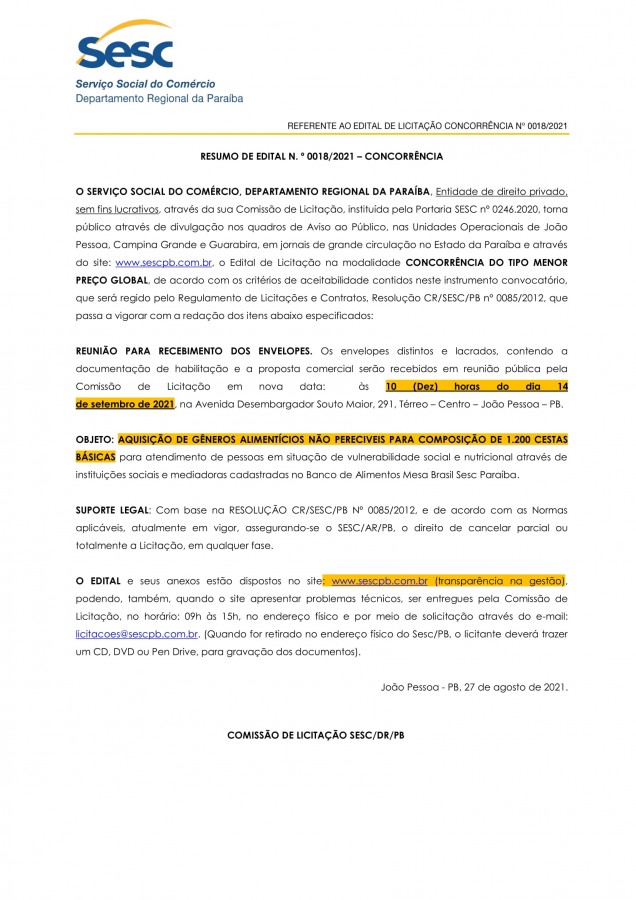 SESC – RESUMO DE EDITAL N. º 0018/2021 – CONCORRÊNCIA