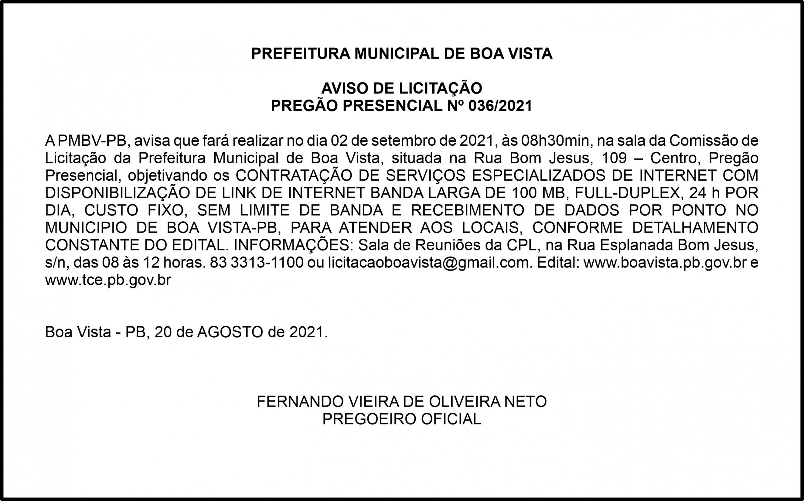 PREFEITURA MUNICIPAL DE BOA VISTA – AVISO DE LICITAÇÃO – PREGÃO PRESENCIAL Nº 036/2021