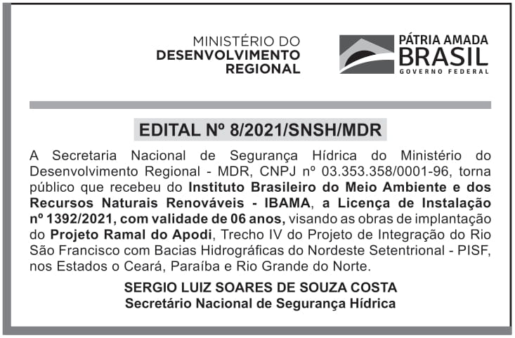 MDR – DF – BRASÍLIA – EDITAL DE COMUNICAÇÃO Nº 8/2021 – Secretaria Nacional de Segurança Hídrica