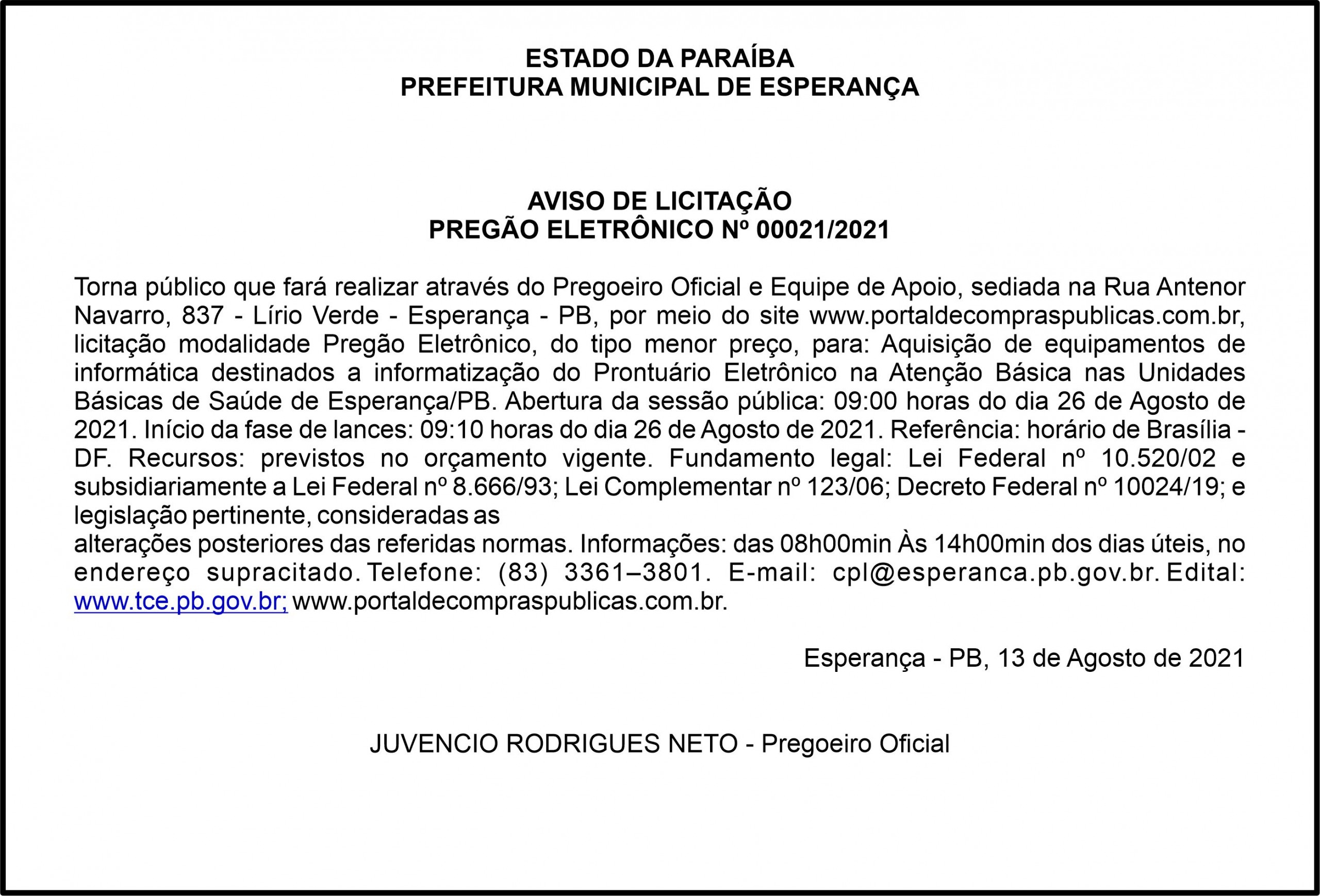 PREFEITURA MUNICIPAL DE ESPERANÇA – AVISO DE LICITAÇÃO – PREGÃO ELETRÔNICO Nº 00021/2021