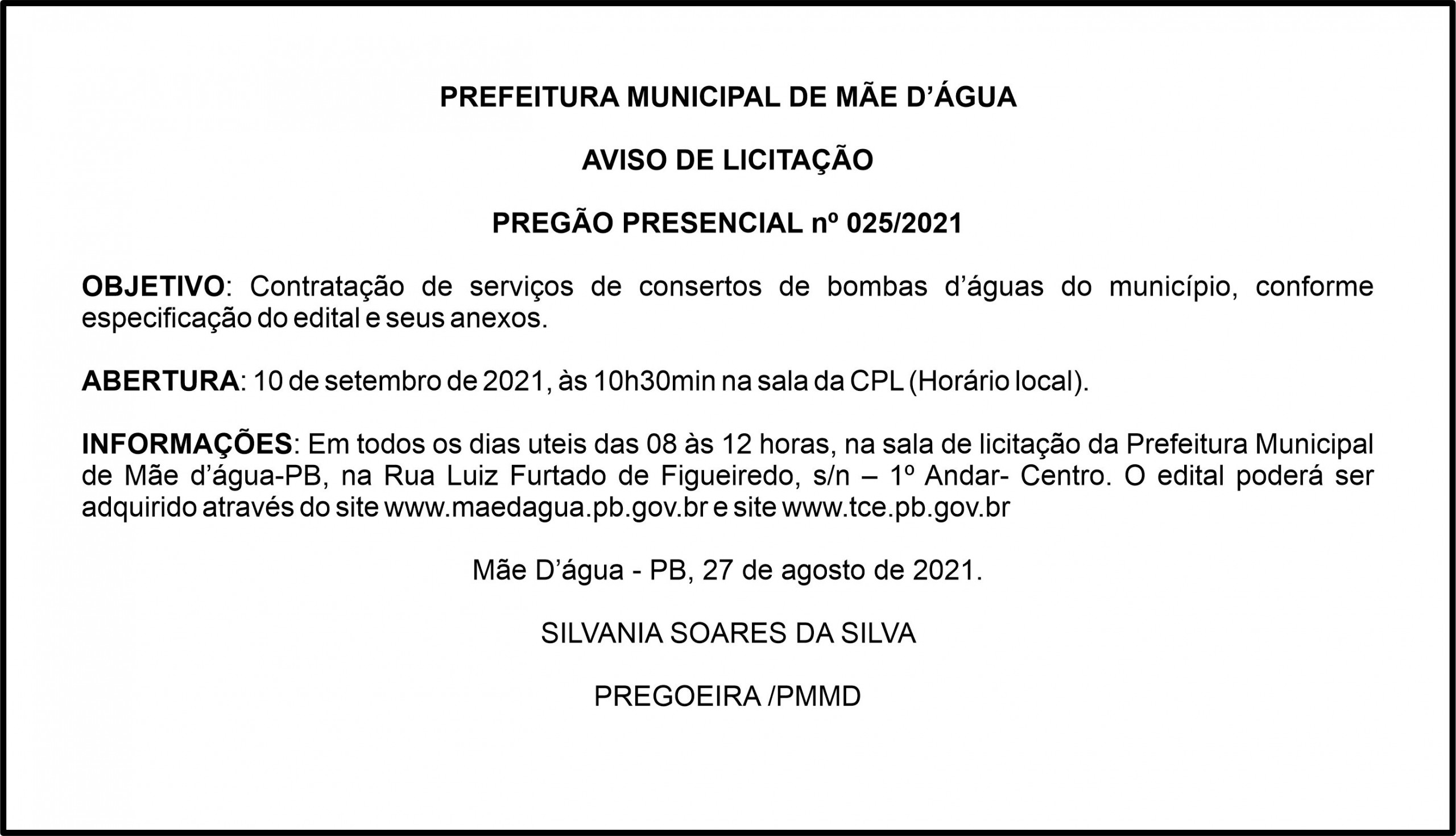PREFEITURA MUNICIPAL DE MÃE D’ÁGUA  – AVISO DE LICITAÇÃO  –  PREGÃO PRESENCIAL nº 025/2021