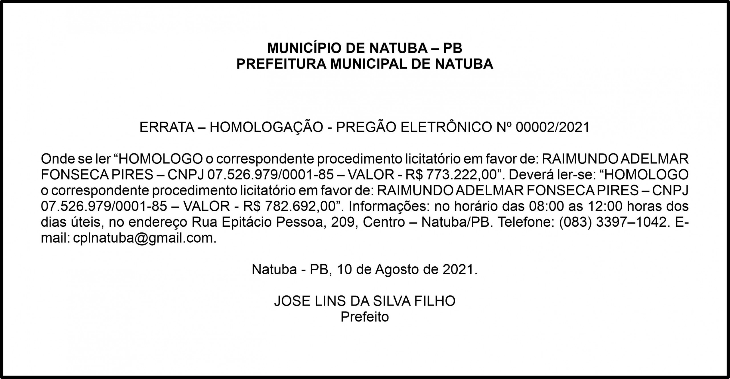 PREFEITURA MUNICIPAL DE NATUBA – ERRATA – HOMOLOGAÇÃO – PREGÃO ELETRÔNICO Nº 00002/2021
