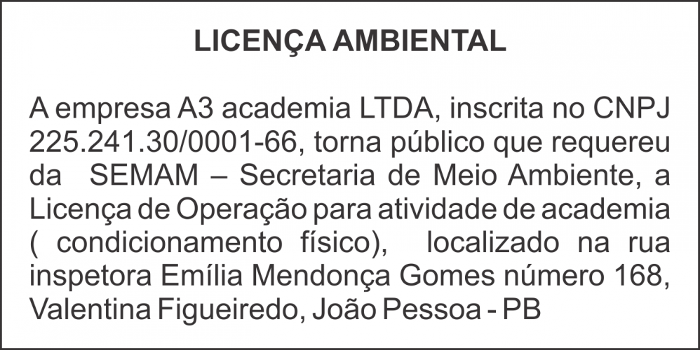 A3 Academia LTDA – Licença Ambiental