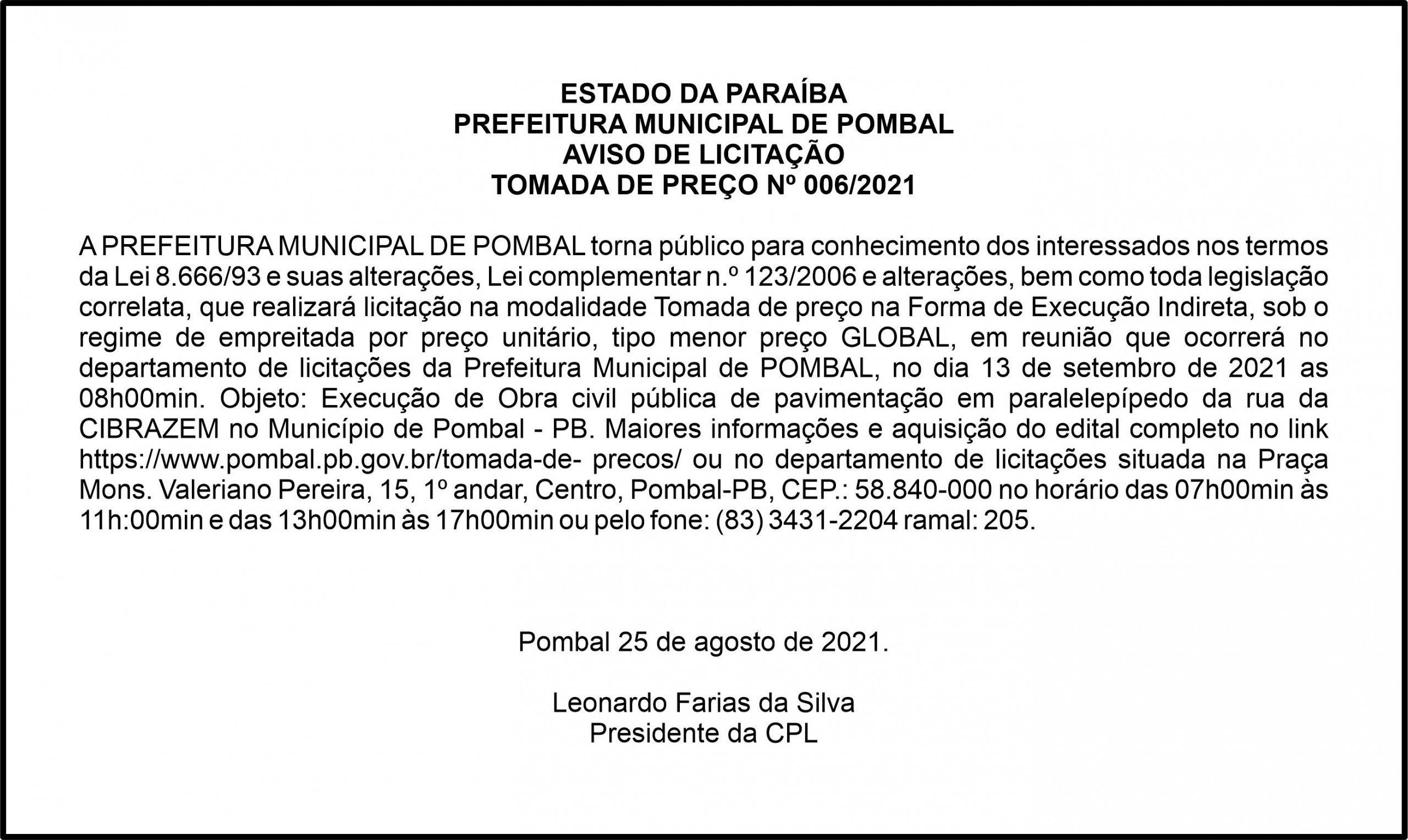 PREFEITURA MUNICIPAL DE POMBAL – AVISO DE LICITAÇÃO – TOMADA DE PREÇO Nº 006/2021
