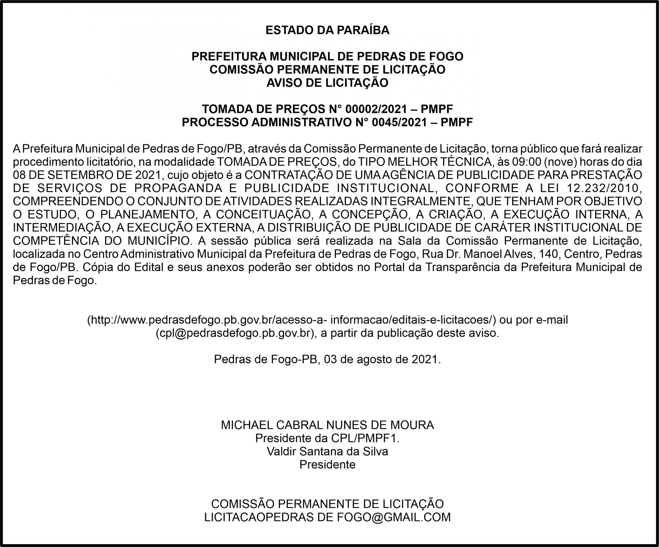 PREFEITURA MUNICIPAL DE PEDRAS DE FOGO- AVISO DE LICITAÇÃO – TOMADA DE PREÇOS N° 00002/2021 – PMPF