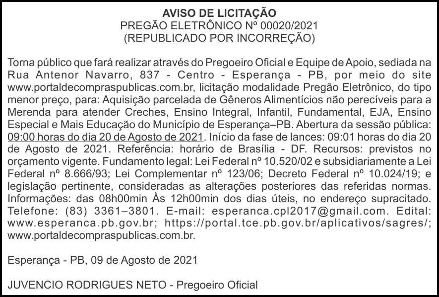 PREFEITURA MUNICIPAL DE ESPERANÇA – AVISO DE LICITAÇÃO – PREGÃO ELETRÔNICO Nº 00020/2021 (Republicação por incorreção)