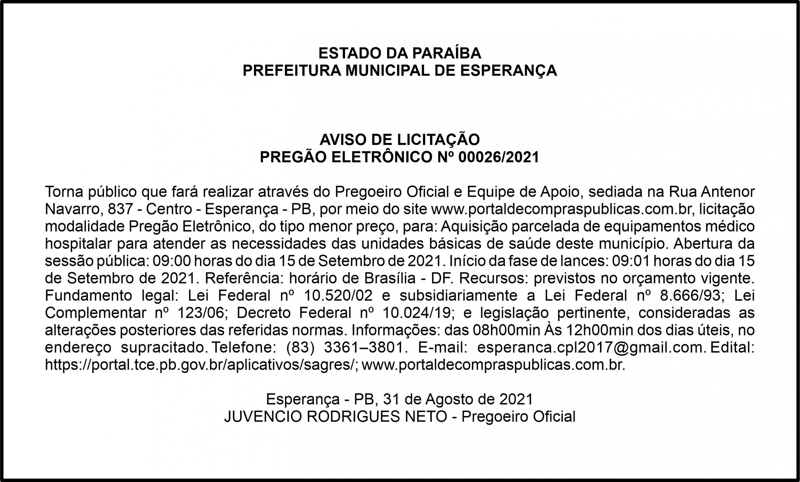 PREFEITURA MUNICIPAL DE ESPERANÇA – AVISO DE LICITAÇÃO – PREGÃO ELETRÔNICO Nº 00026/2021