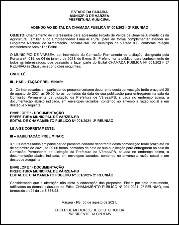 PREFEITURA MUNICIPAL DE VÁRZEA – ADENDO AO EDITAL DA CHAMADA PUBLICA Nº 001/2021- 2ª REUNIÃO