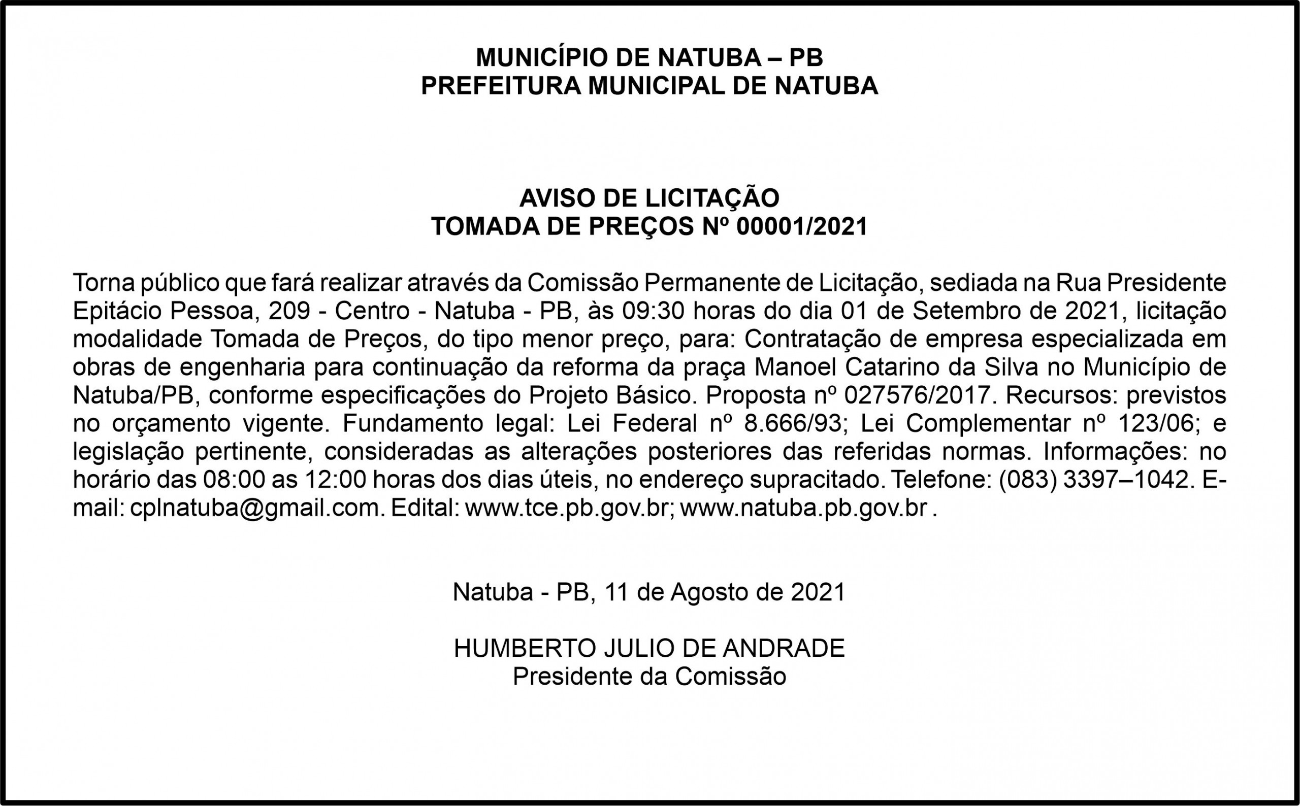 PREFEITURA MUNICIPAL DE NATUBA – AVISO DE LICITAÇÃO – TOMADA DE PREÇOS Nº 00001/2021