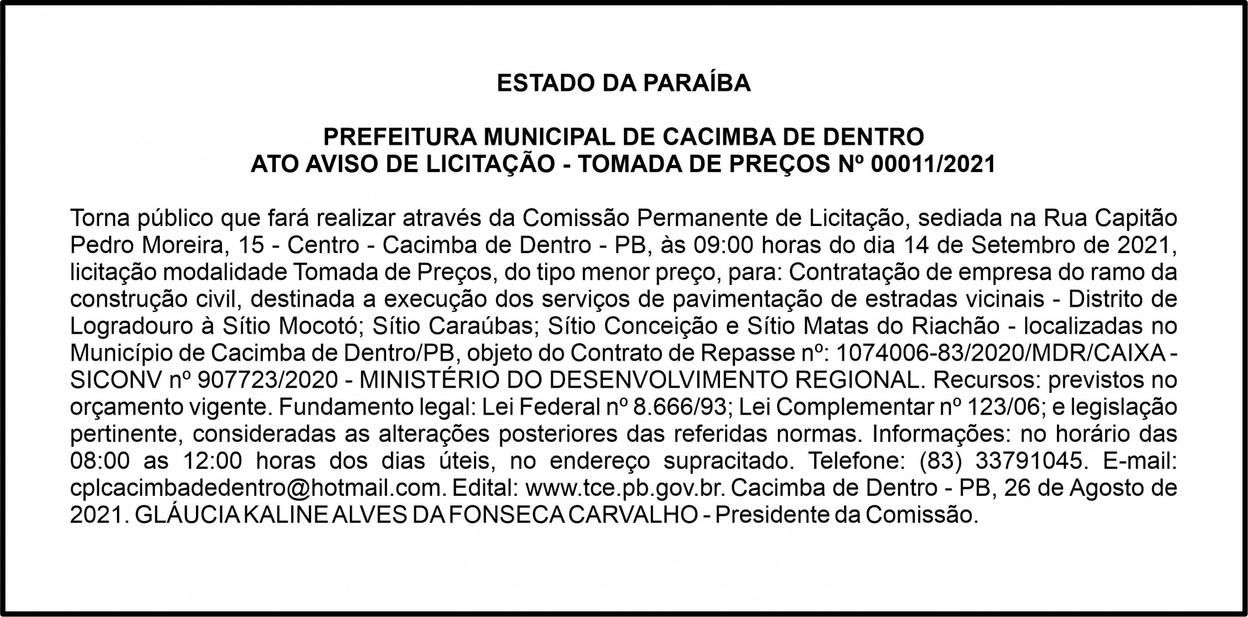 PREFEITURA MUNICIPAL DE CACIMBA DE DENTRO – ATO AVISO DE LICITAÇÃO – TOMADA DE PREÇOS Nº 00011/2021