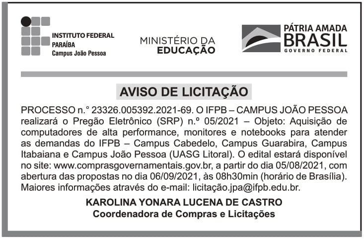IFPB – PB – CAMPUS JOÃO PESSOA – Edital – Pregão Eletrônico (SRP) n.o 05/2021