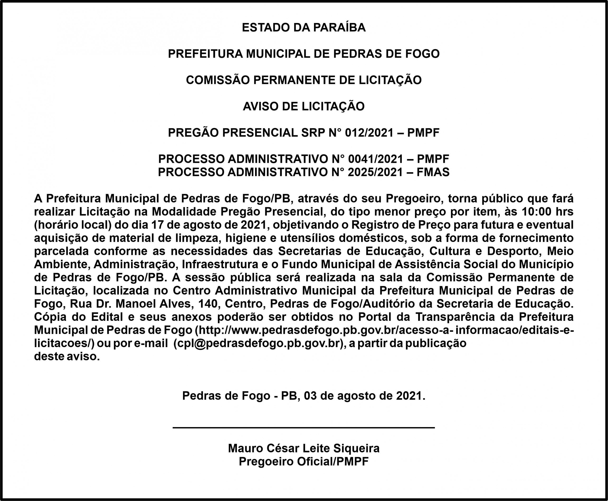 PREFEITURA MUNICIPAL DE PEDRAS DE FOGO – AVISO DE LICITAÇÃO