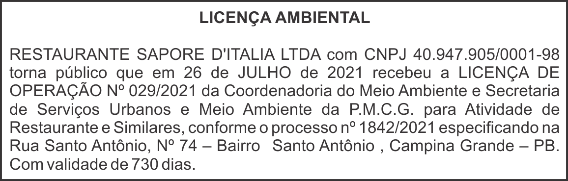 Licença Ambiental – Restaurante Sapore D’Italia Ltda