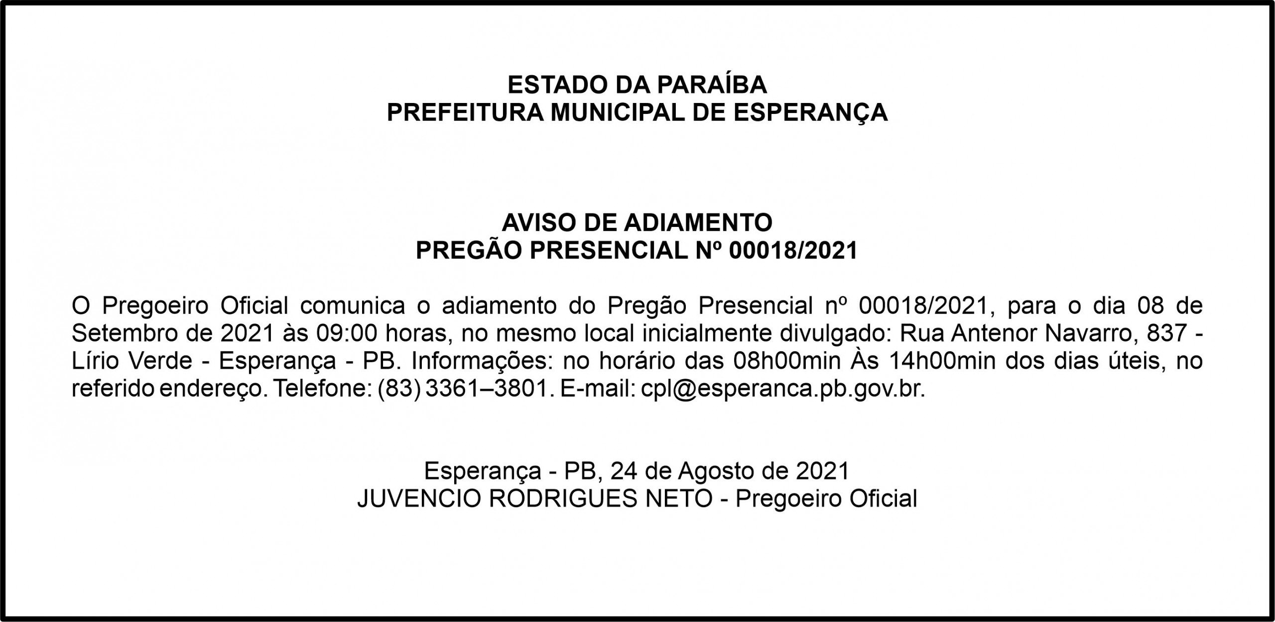 PREFEITURA MUNICIPAL DE ESPERANÇA – AVISO DE ADIAMENTO – PREGÃO PRESENCIAL Nº 00018/2021