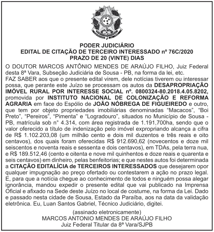 INCRA – SR – 18/PB – EDITAL DE CITAÇÃO DE TERCEIRO INTERESSADO Nº 76C/2020 PRAZO DE 20 (VINTE) DIAS