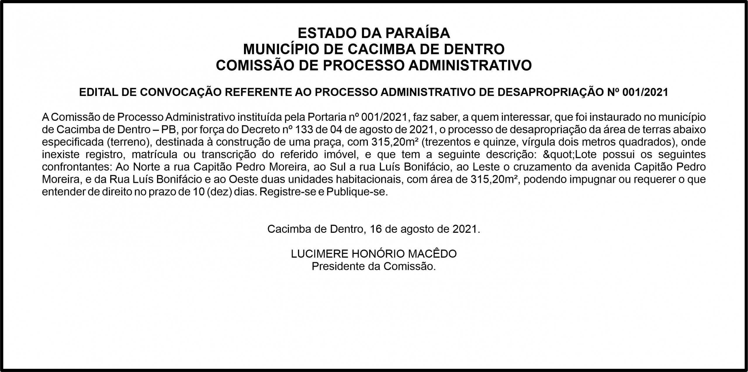 MUNICÍPIO DE CACIMBA DE DENTRO – EDITAL DE CONVOCAÇÃO REFERENTE AO PROCESSO ADMINISTRATIVO DE DESAPROPRIAÇÃO Nº 001/2021