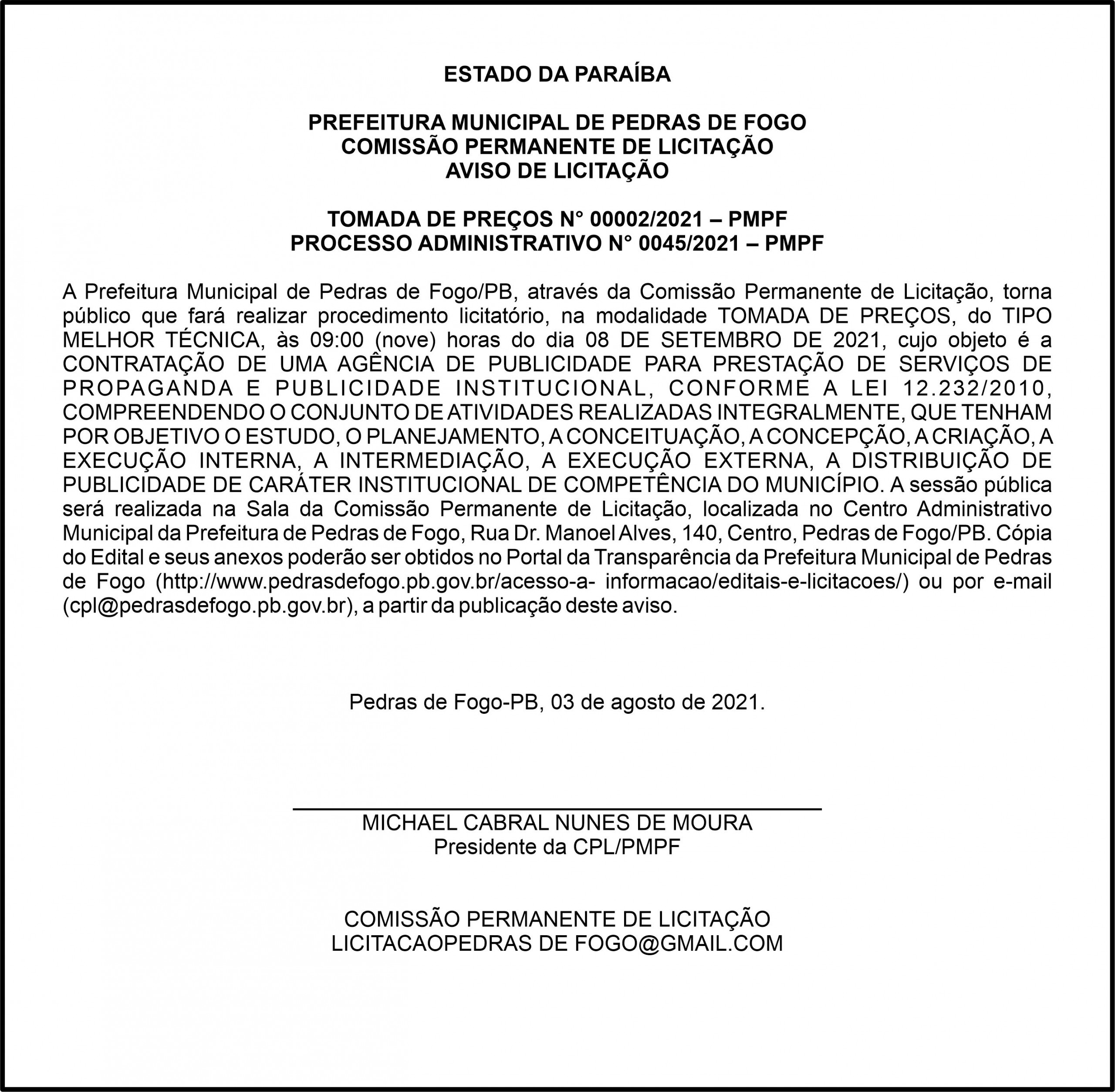 PREFEITURA MUNICIPAL DE PEDRAS DE FOGO – AVISO DE LICITAÇÃO – TOMADA DE PREÇOS N° 00002/2021 – PMPF