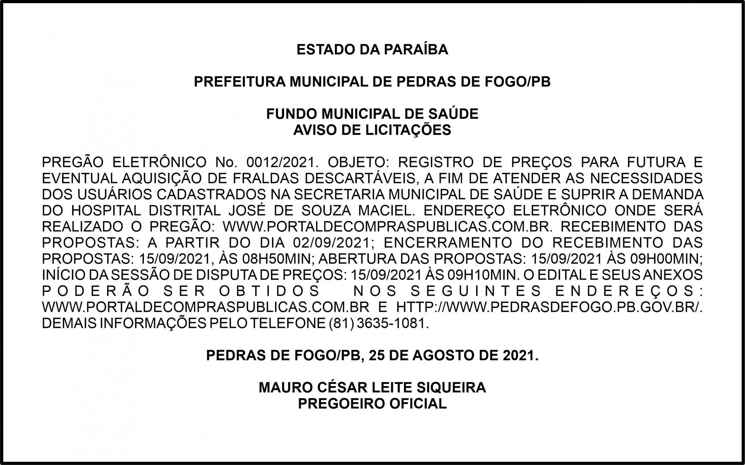 PREFEITURA MUNICIPAL DE PEDRAS DE FOGO/PB – FUNDO MUNICIPAL DE SAÚDE – AVISO DE LICITAÇÕES
