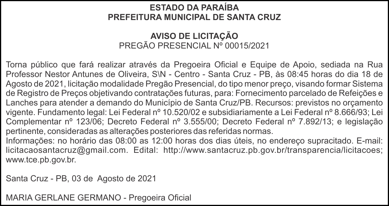 Prefeitura Municipal de Santa Cruz – Aviso de Licitação – Pregão Presencial – Nº 00015/2021
