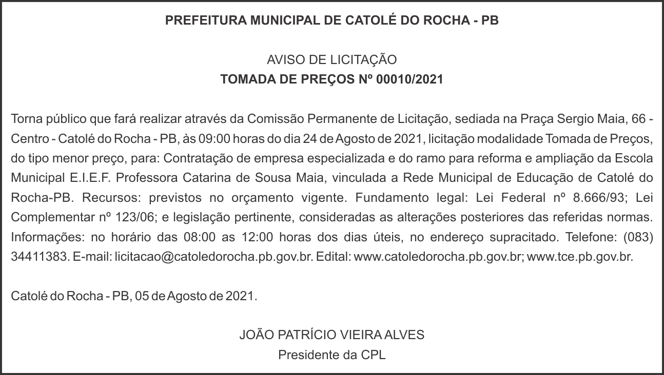 Prefeitura Municipal de Catolé do Rocha – PB – Aviso de Licitação – Tomada de Preços nº 00010/2021